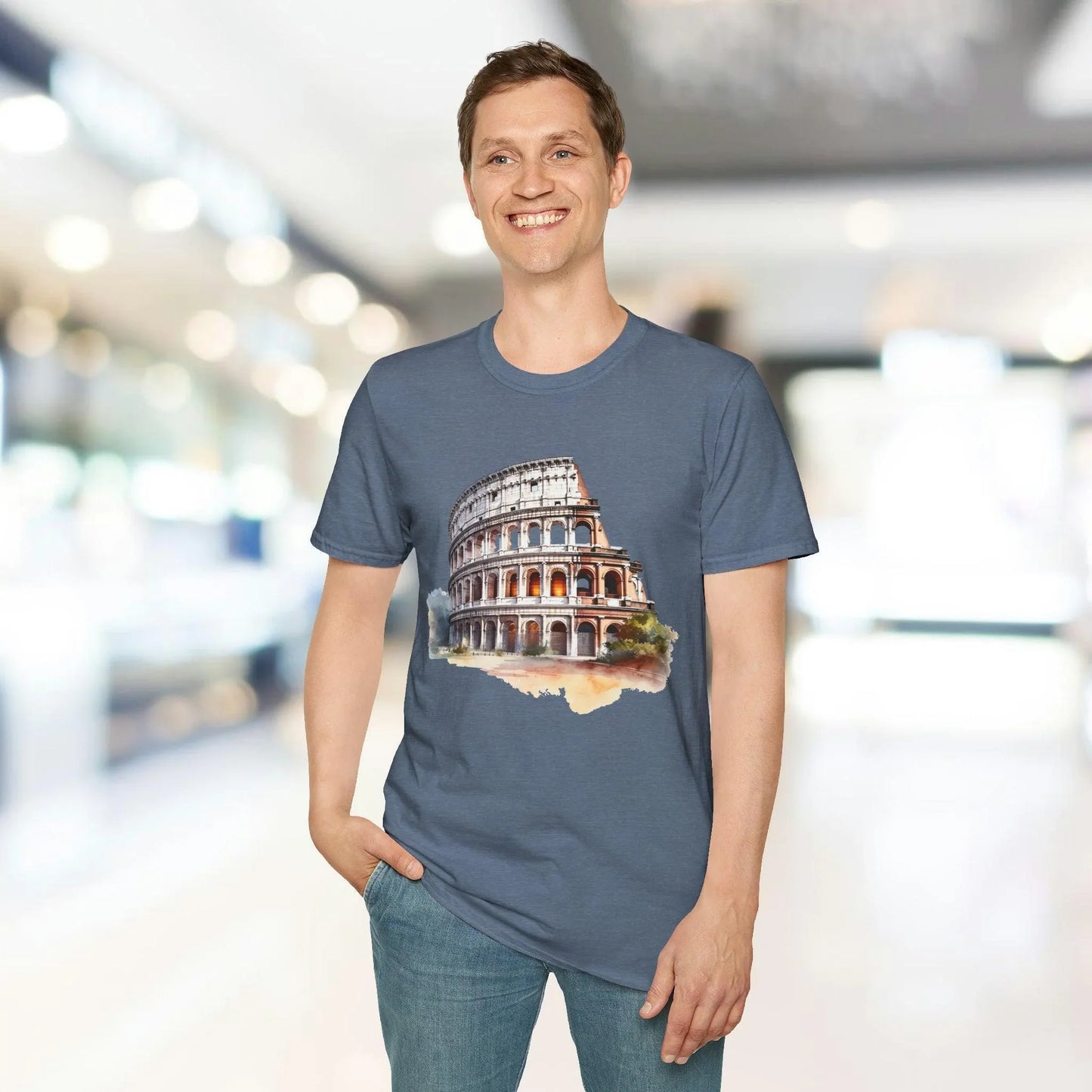 Close-up of the unisex softstyle T-shirt’s neck ribbing in deep navy, highlighting smooth fabric texture and reinforced