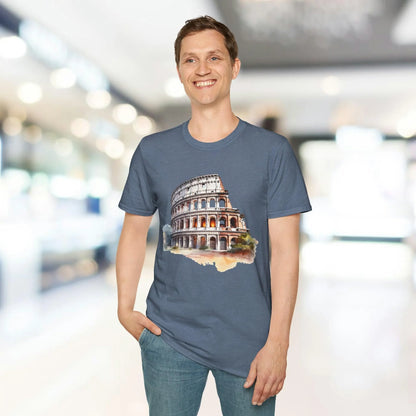 Close-up of the unisex softstyle T-shirt’s neck ribbing in deep navy, highlighting smooth fabric texture and reinforced