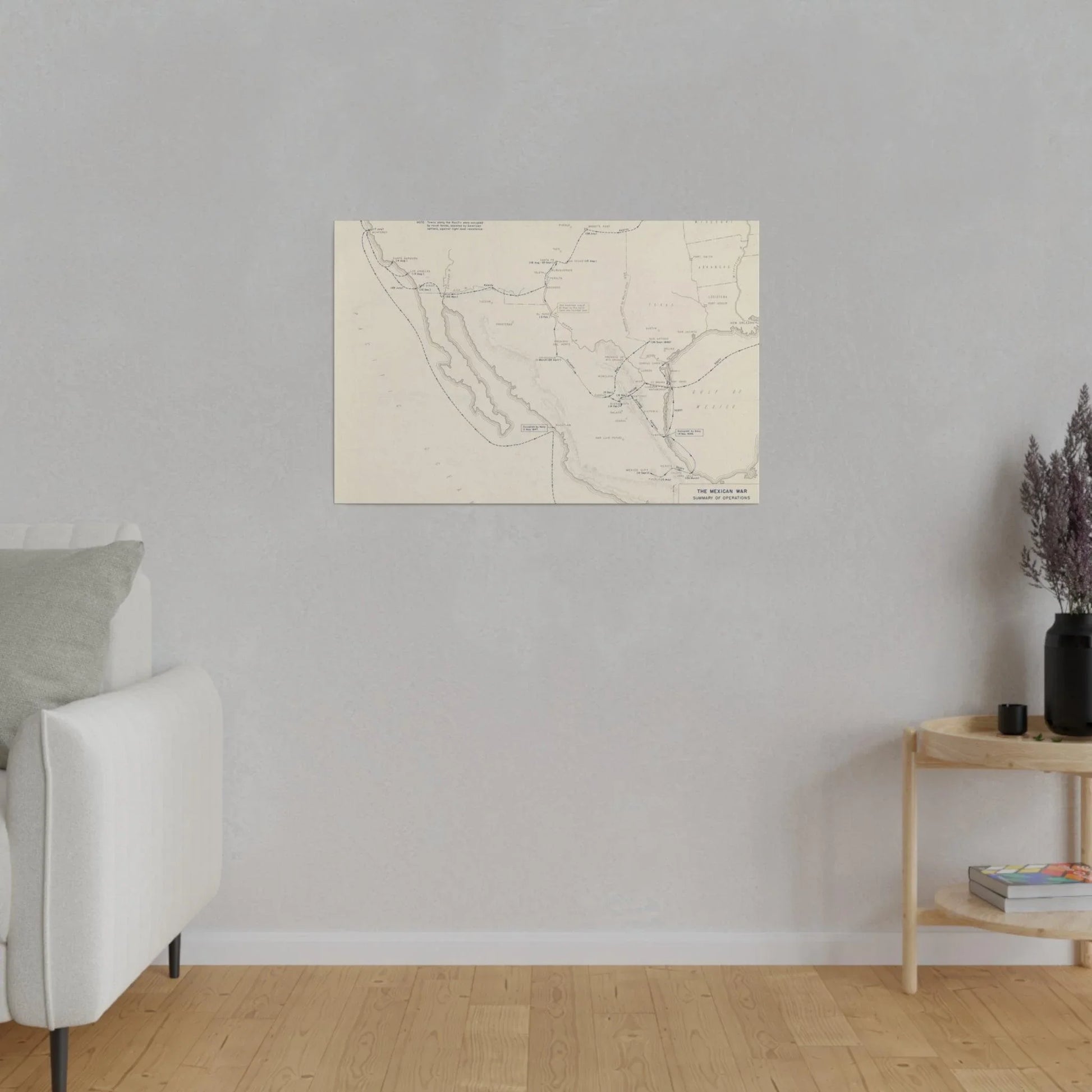 Close-up of detailed canvas texture highlighting vintage War of Mexico illustrations and muted earth-tone coloring