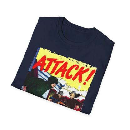 Close-up of the Attack! No. 7 unisex softstyle T-shirt's vibrant red color and smooth cotton fabric texture from a slight