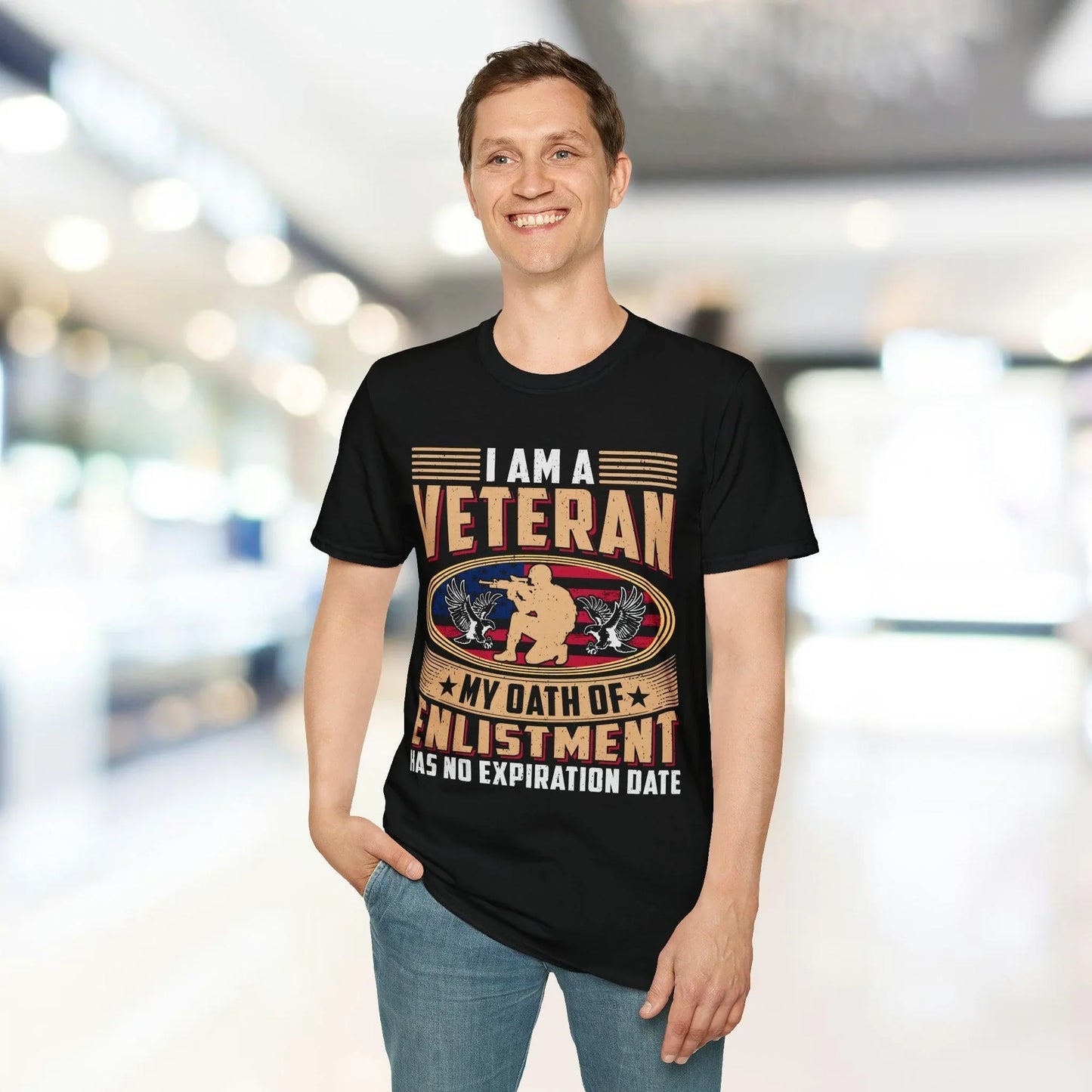 Close-up of the Enlistment Has No Expiration unisex softstyle T-shirt fabric, showing smooth cotton-blend texture and