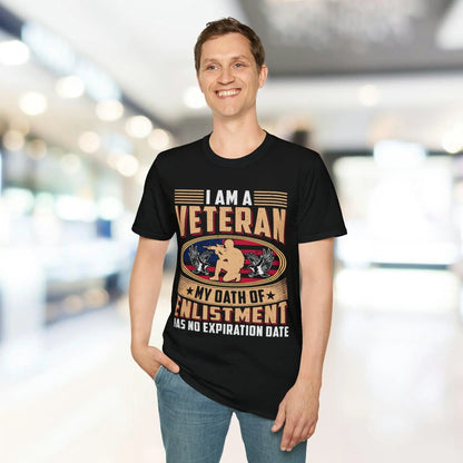 Close-up of the Enlistment Has No Expiration unisex softstyle T-shirt fabric, showing smooth cotton-blend texture and
