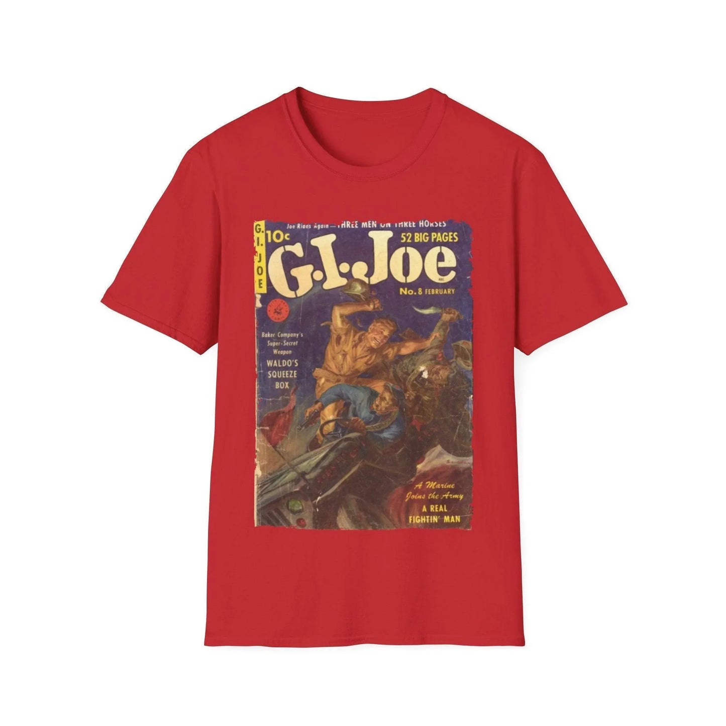 Close-up of the G.I. Joe No.8 unisex softstyle T-shirt's relaxed fit label on the hem in navy blue cotton fabric
