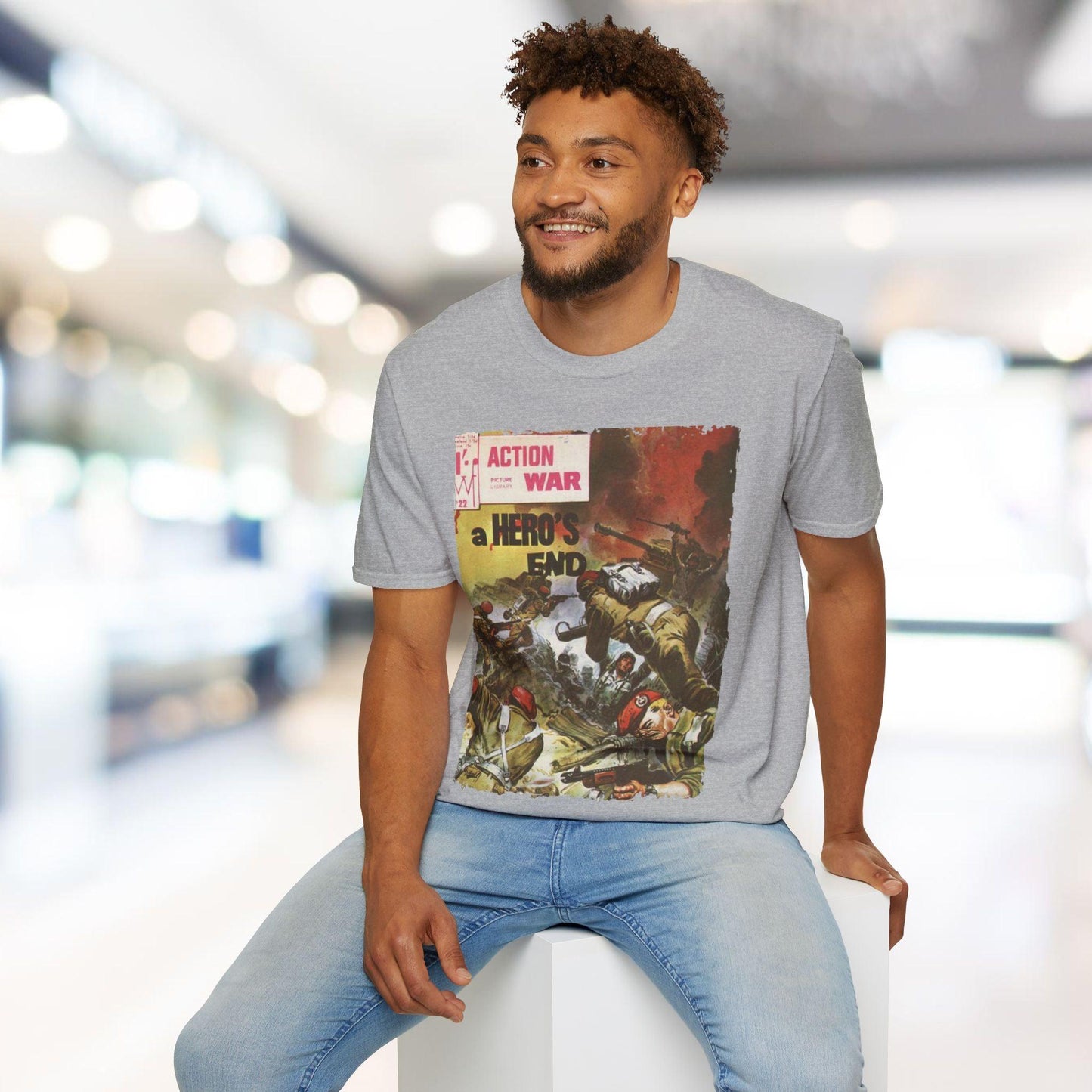 Close-up of the unisex softstyle T-shirt’s fabric showing smooth, matte cotton blend texture and subtle stitching details at