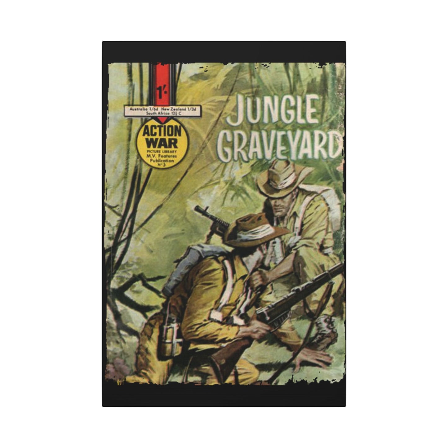 Close-up of vibrant comic book artwork on canvas edge, showcasing bold color accents and textured brushstroke details.