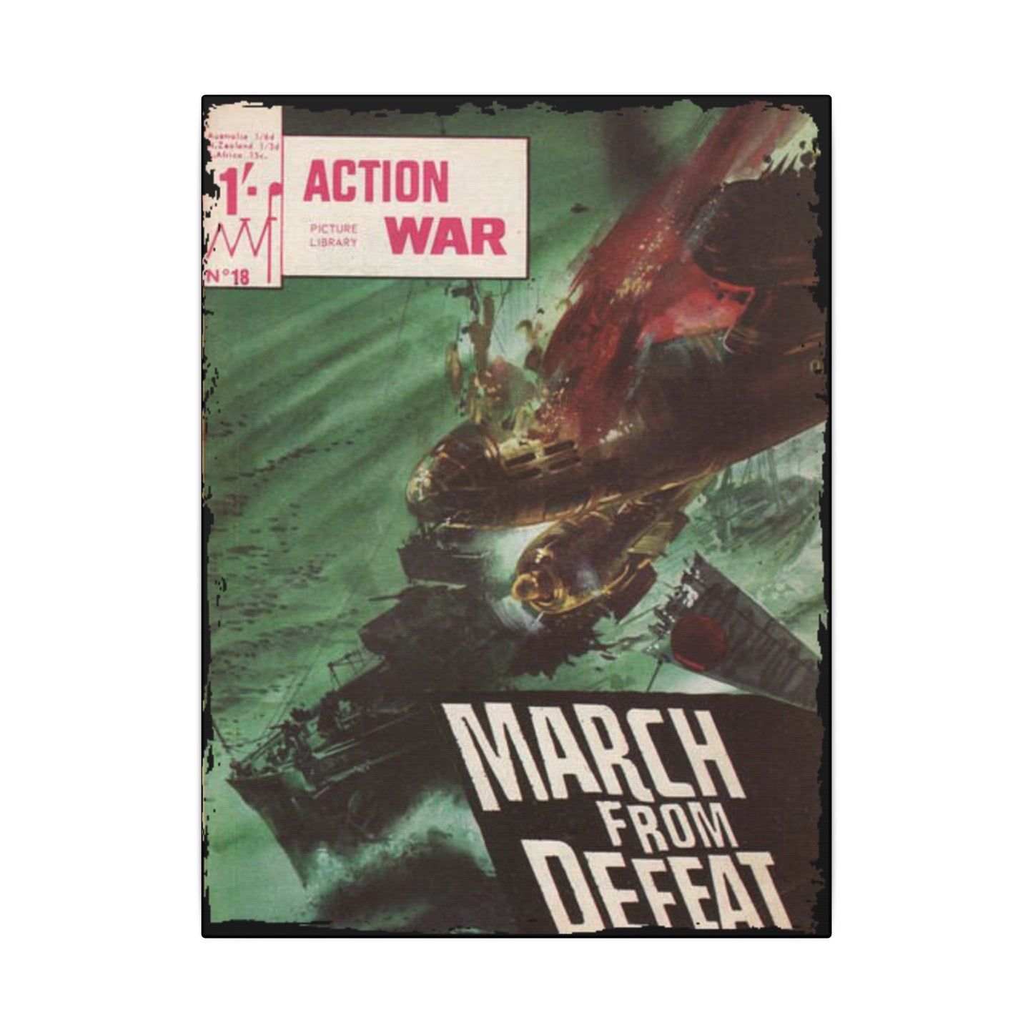 Close-up of the "Action War #18" comic cover featuring bold red and black graphics with detailed linework on textured canvas