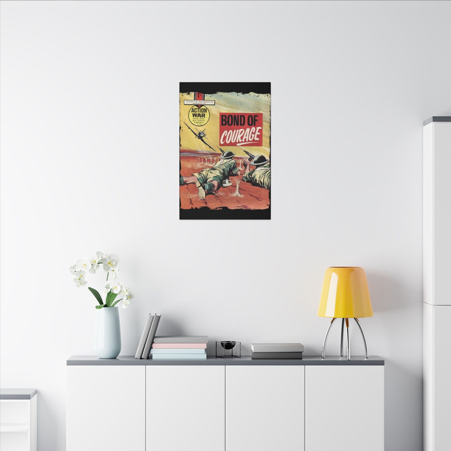 Close-up of the textured canvas surface on Action War #12 comic, highlighting vibrant ink details and fine line work.