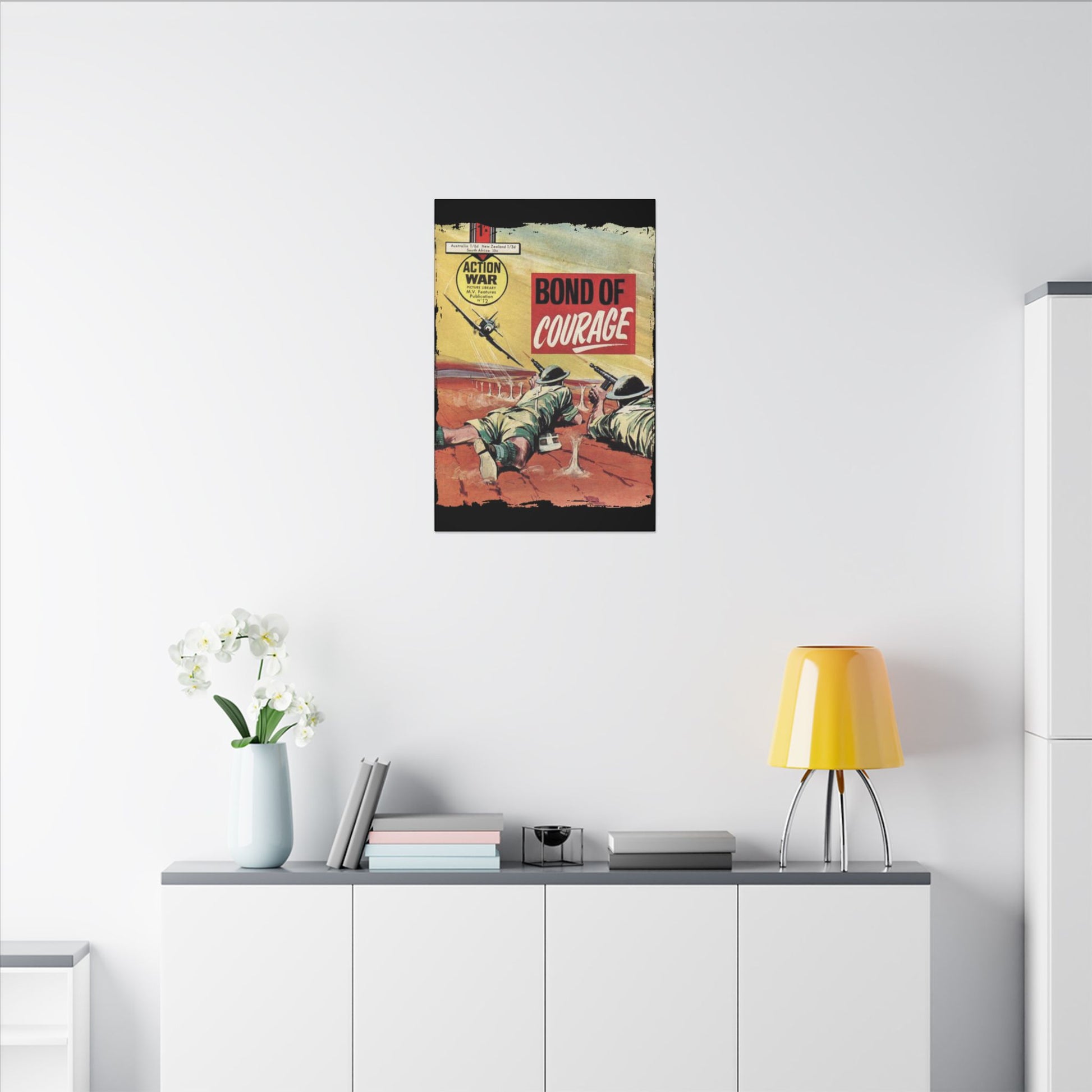 Close-up of the textured canvas surface on Action War #12 comic, highlighting vibrant ink details and fine line work.