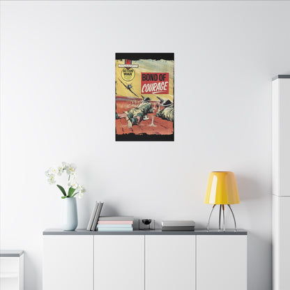 Close-up of the textured canvas surface on Action War #12 comic, highlighting vibrant ink details and fine line work.