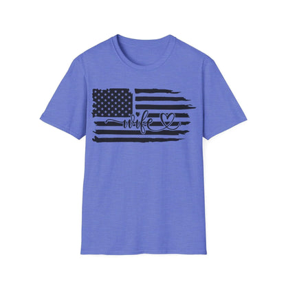 Close-up of distressed black and white American flag graphic emphasizing faded texture and vintage-style design on the soft