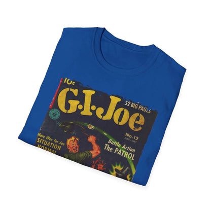 Close-up of the G.I. Joe No.12 unisex softstyle T-shirt's navy fabric showcasing smooth, reinforced neckline stitching and