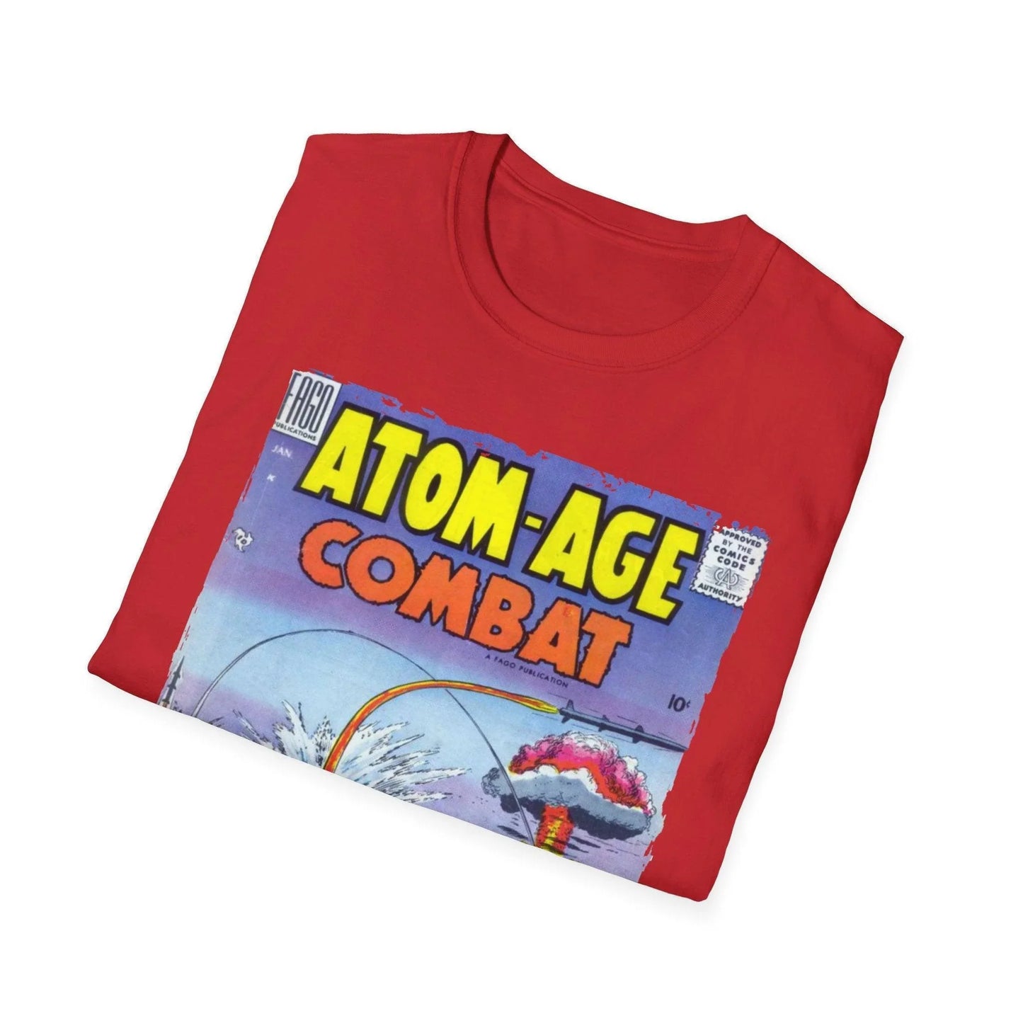 Close-up of the Atom-Age Combat No.2 unisex softstyle T-shirt fabric texture and vibrant navy color from a front overhead