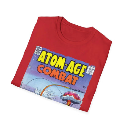 Close-up of the Atom-Age Combat No.2 unisex softstyle T-shirt fabric texture and vibrant navy color from a front overhead