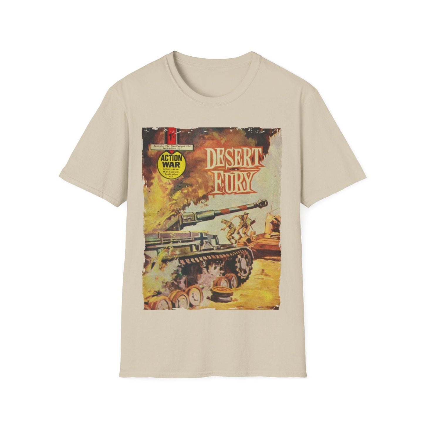 Close-up of the unisex softstyle T-shirt's relaxed fit and vibrant sky blue color, highlighting the smooth cotton fabric and