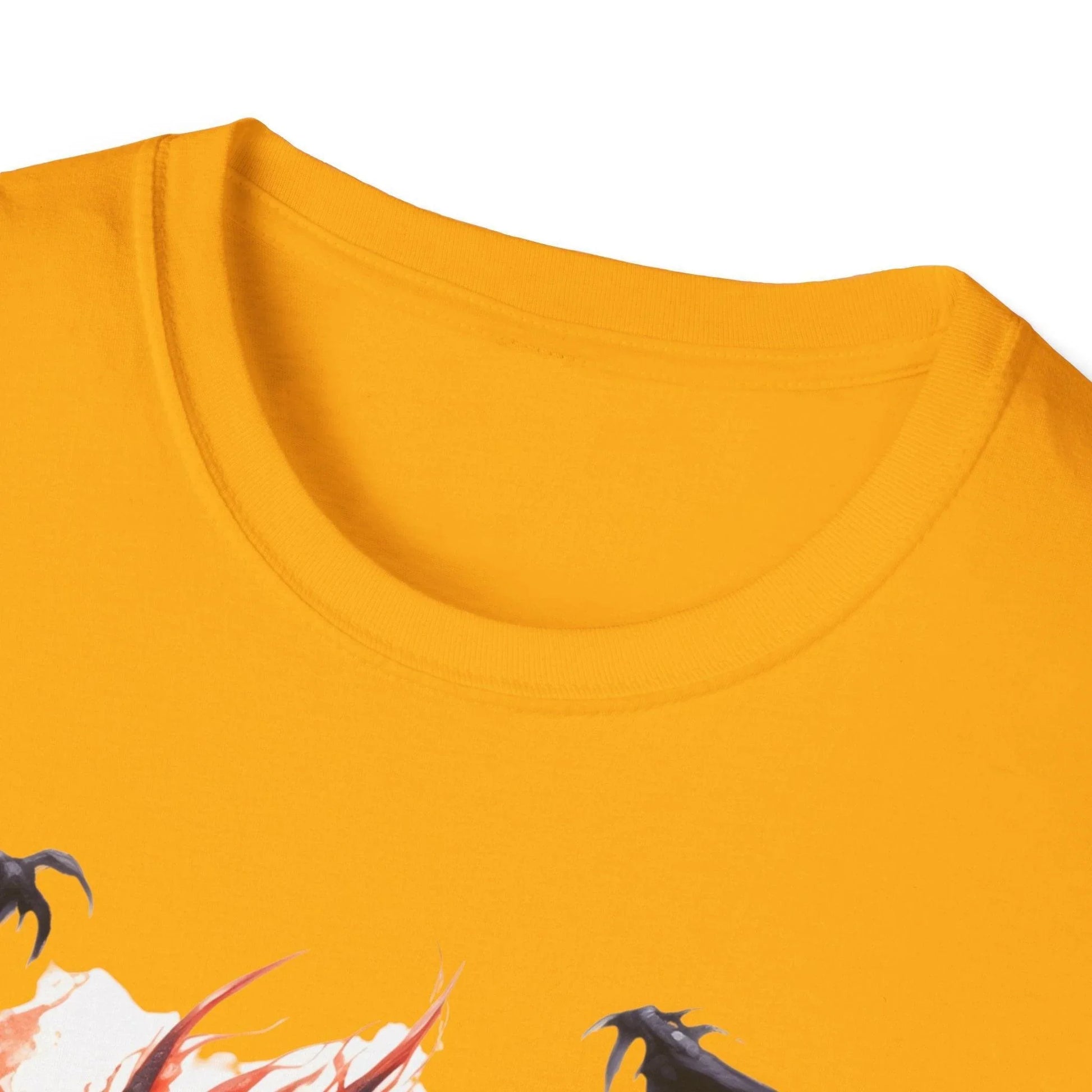 Close-up of the unisex fit label on the collar showing “& Dragons” branding and fabric weave detail in soft black color