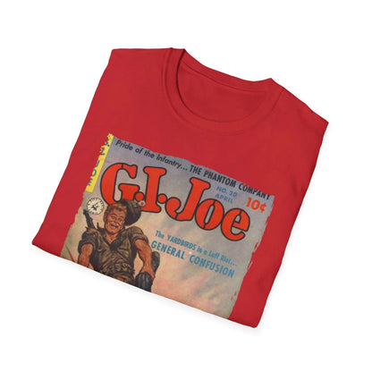 Close-up of the G.I. Joe No.20 softstyle T-shirt's relaxed fit tag sewn into the navy fabric neckline detail.