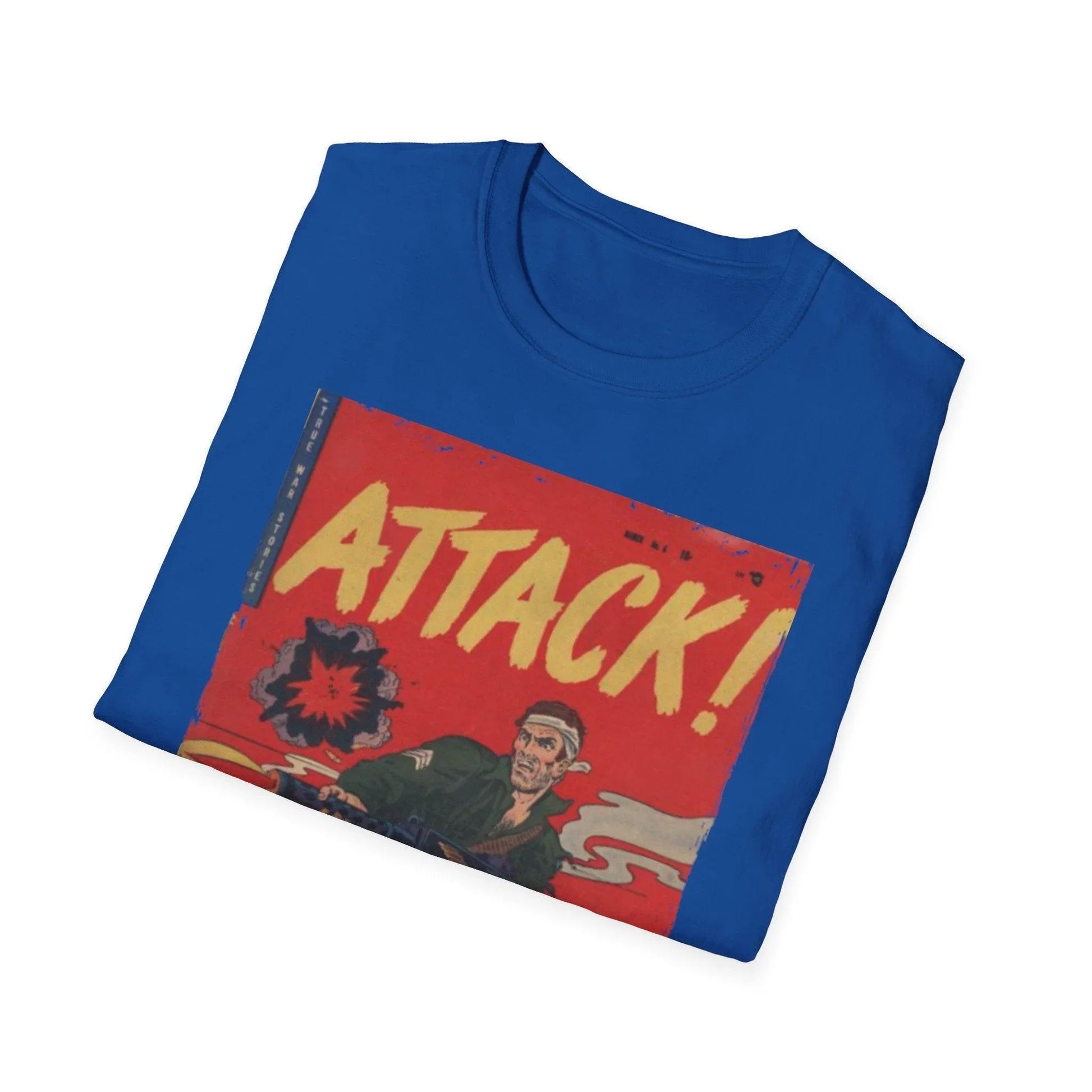 Close-up of the Attack! No. 6 unisex softstyle T-shirt collar featuring a reinforced crew neckline and smooth cotton-blend