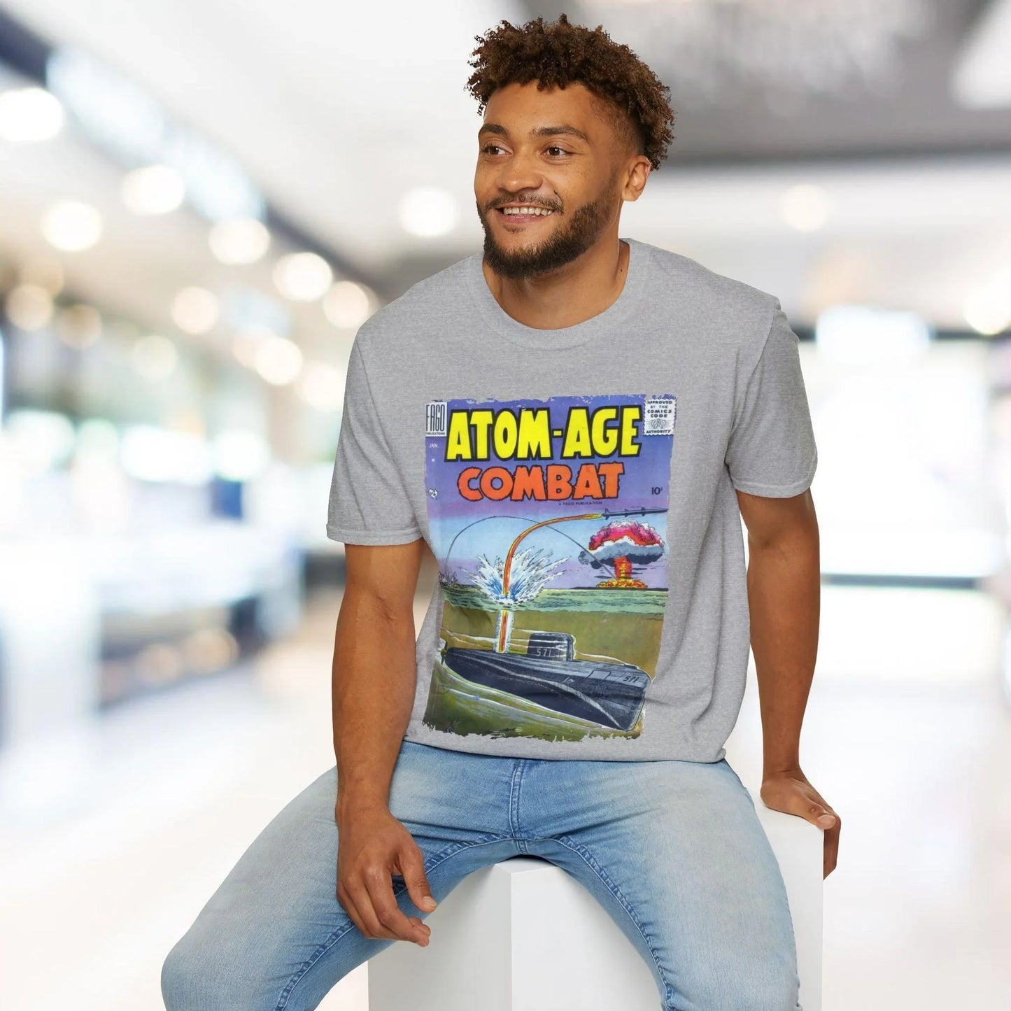 Close-up of the Atom-Age Combat No.2 unisex softstyle T-shirt's smooth, relaxed fit fabric in deep navy, highlighting subtle