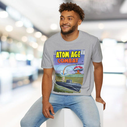 Close-up of the Atom-Age Combat No.2 unisex softstyle T-shirt's smooth, relaxed fit fabric in deep navy, highlighting subtle