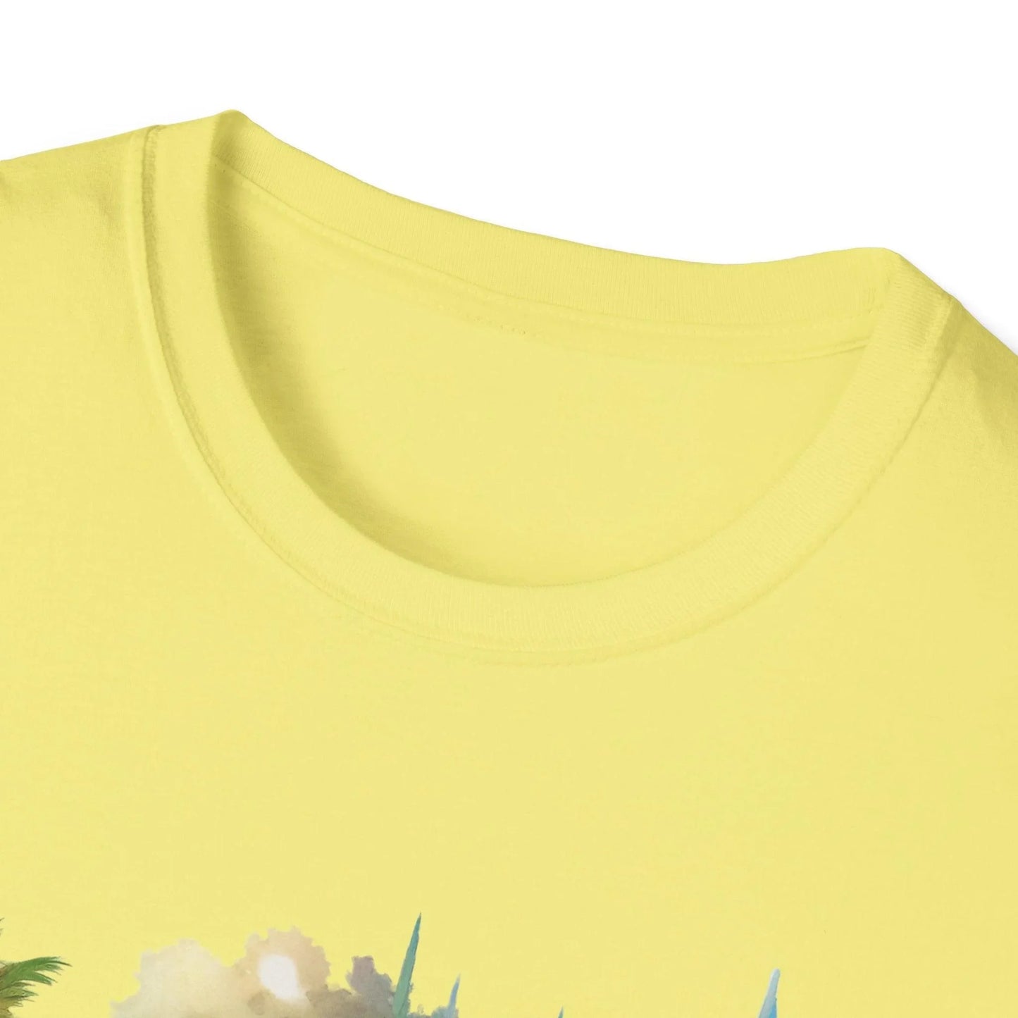 Close-up of the unisex softstyle fabric's smooth, relaxed fit in deep charcoal, highlighting subtle stitching along the