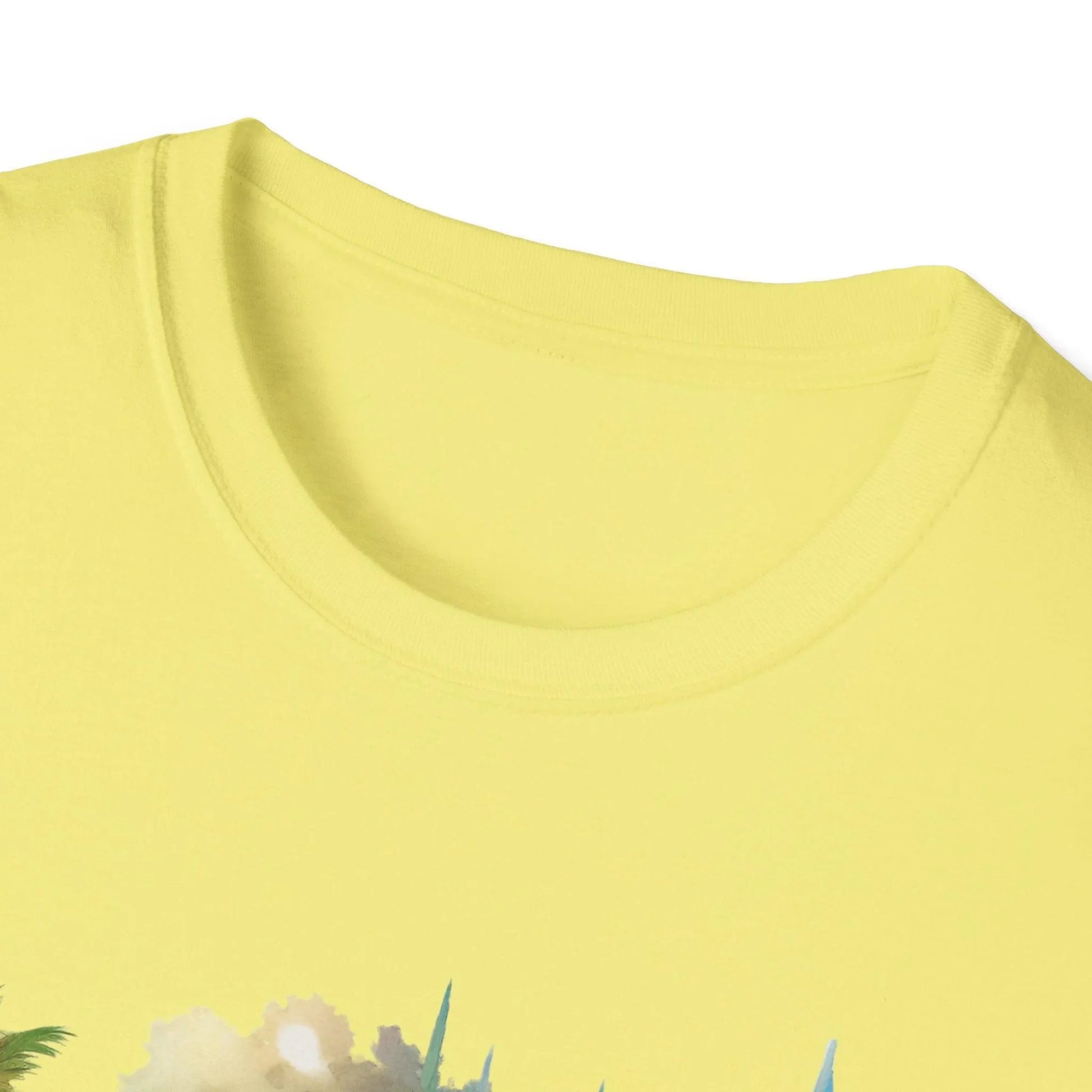 Close-up of the unisex softstyle fabric's smooth, relaxed fit in deep charcoal, highlighting subtle stitching along the