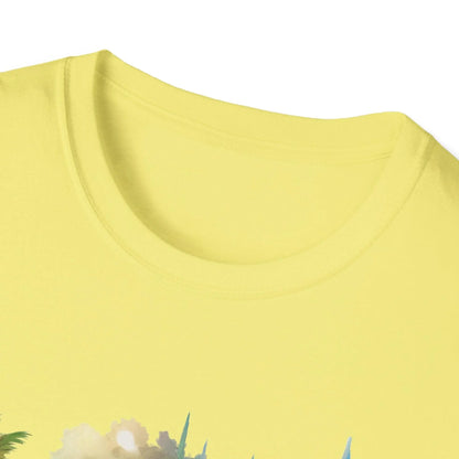 Close-up of the unisex softstyle fabric's smooth, relaxed fit in deep charcoal, highlighting subtle stitching along the