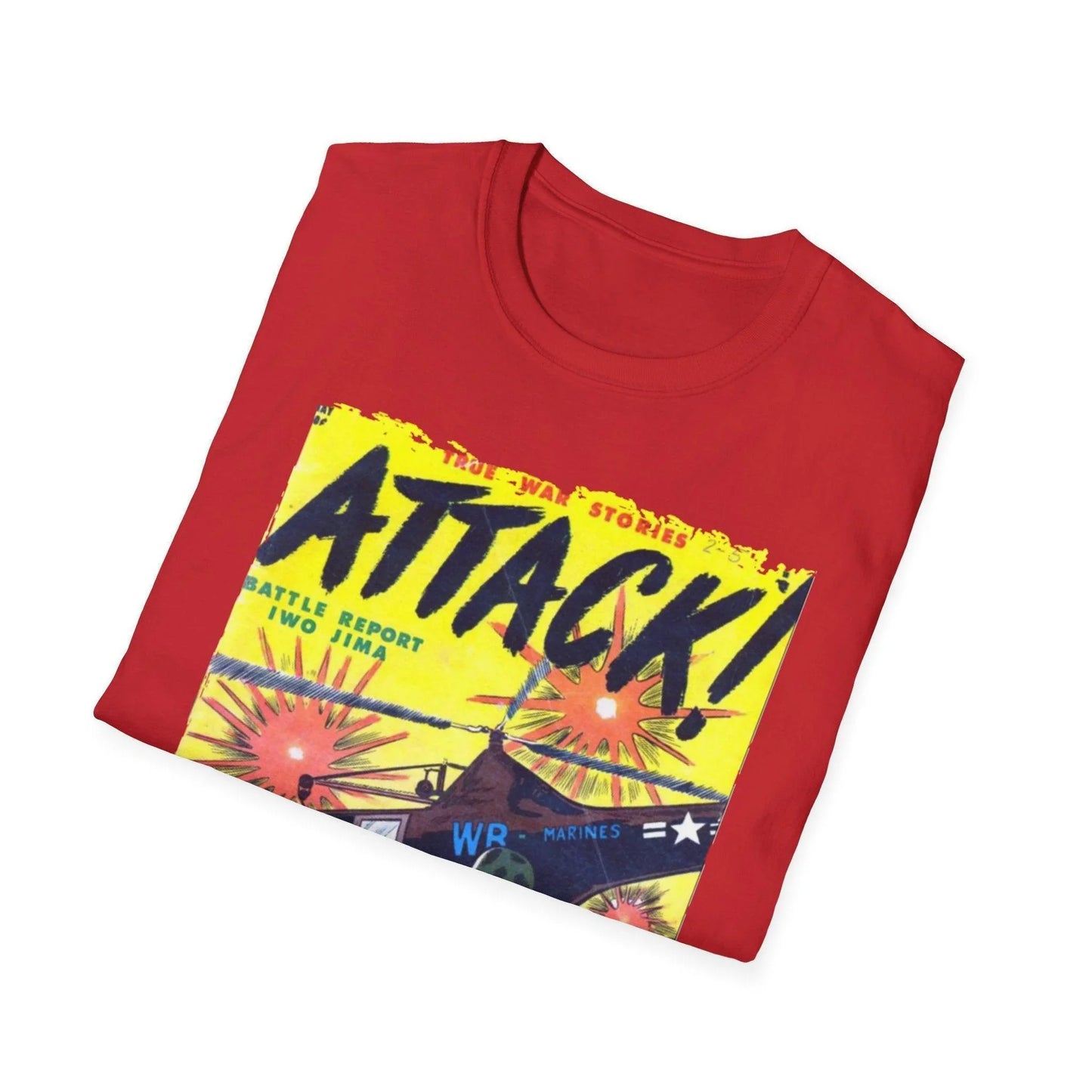 Close-up of the soft fabric texture and subtle heather blue color of the Attack! May 1952 unisex T-shirt, highlighting the