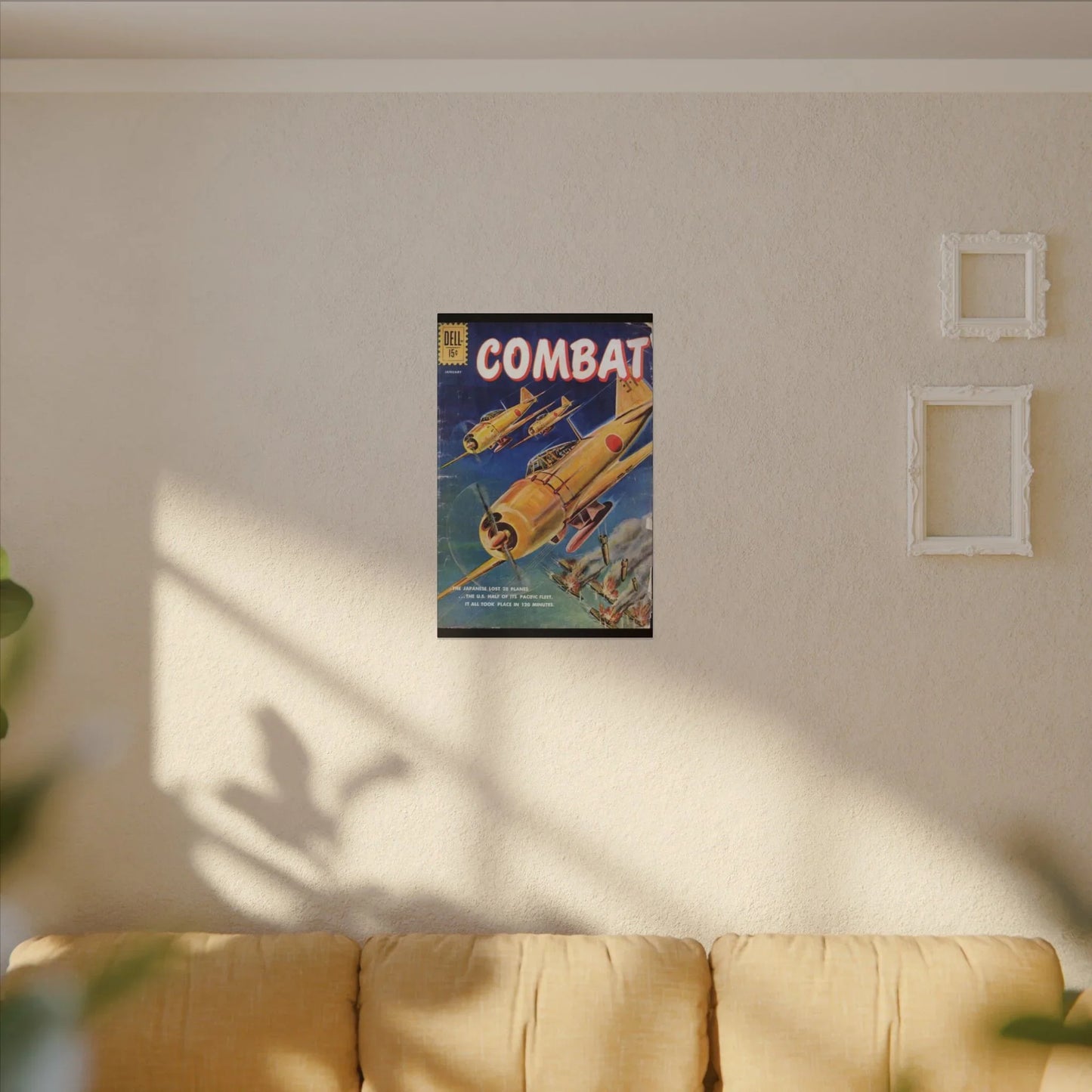 Close-up of textured canvas material highlighting aged, distressed surface and subtle color variations in Combat, Jan 1961