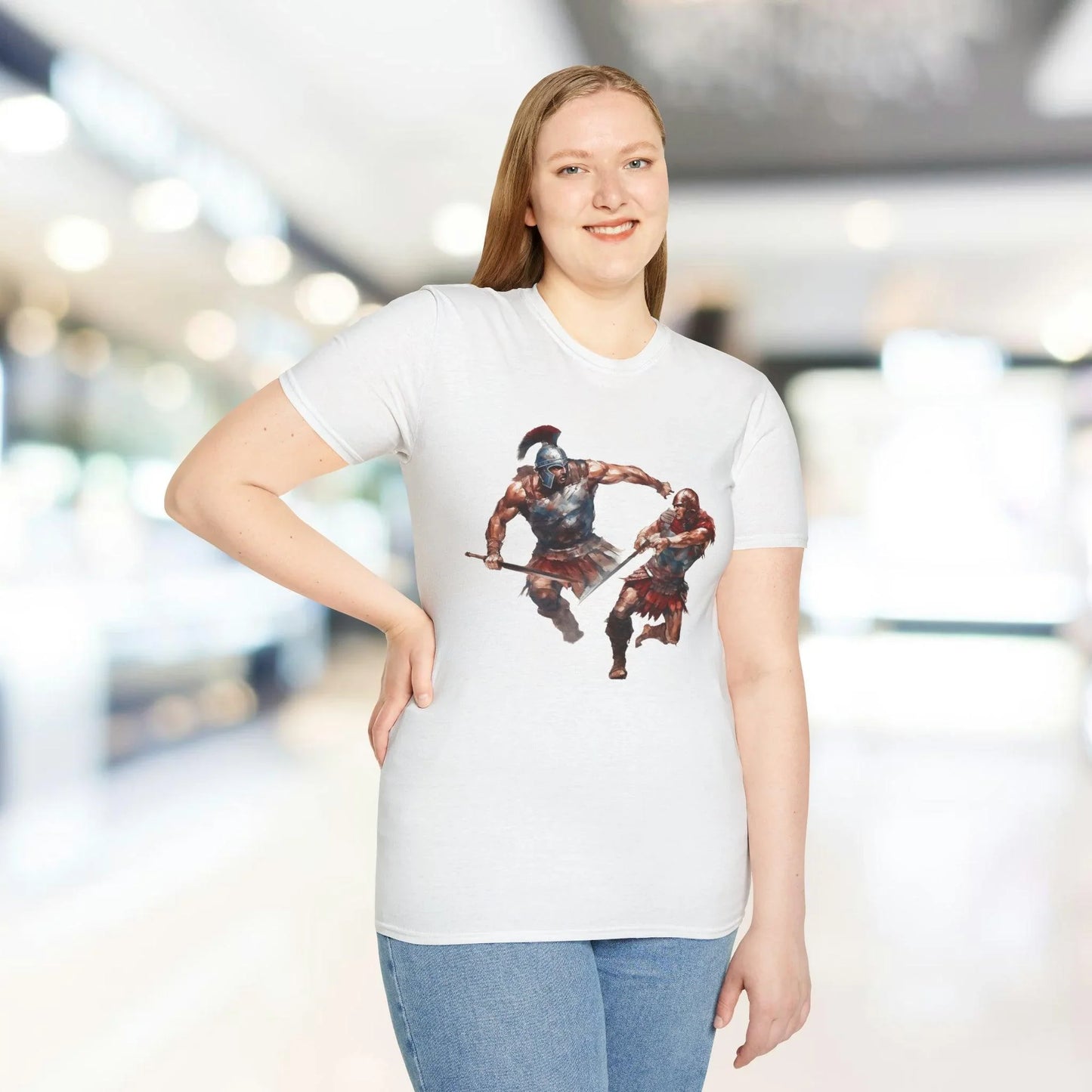 Close-up of the soft cotton fabric emphasizing the relaxed fit and vibrant navy color of the Ancient Combat unisex T-shirt's