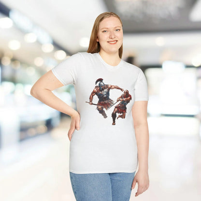 Close-up of the soft cotton fabric emphasizing the relaxed fit and vibrant navy color of the Ancient Combat unisex T-shirt's