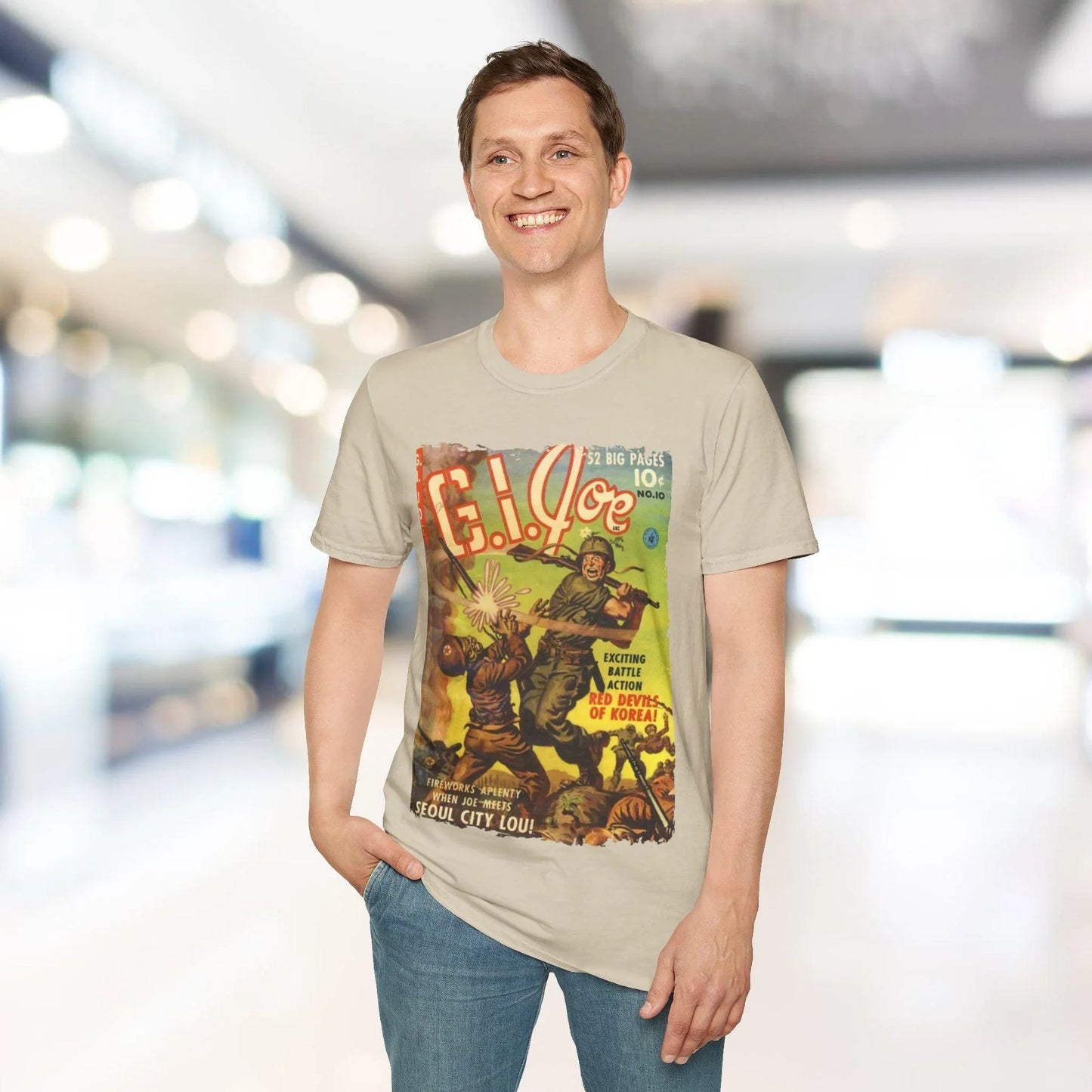 Close-up of the G.I. Joe No.10 unisex softstyle T-shirt’s vibrant navy fabric folded to showcase smooth, relaxed fit and