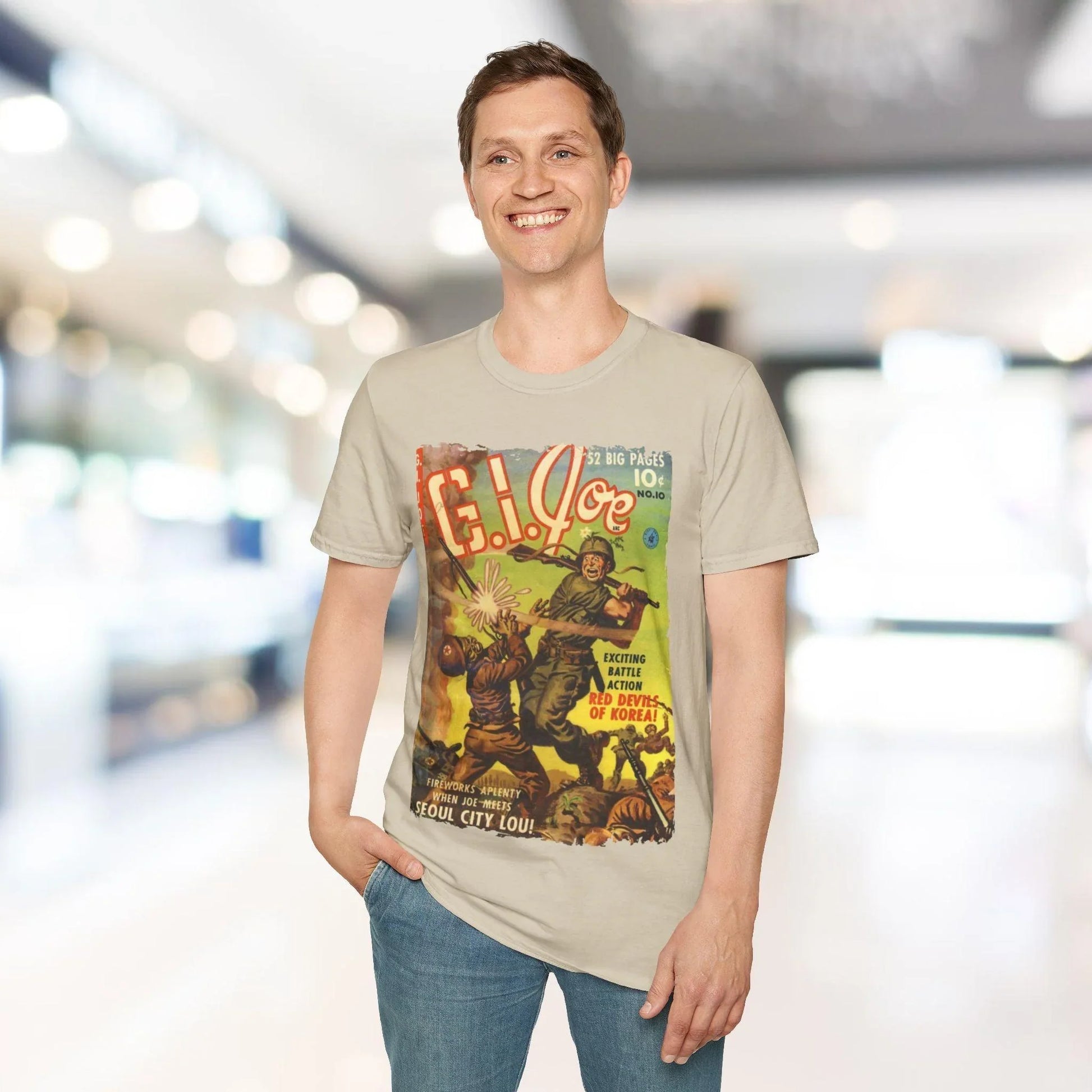 Close-up of the G.I. Joe No.10 unisex softstyle T-shirt’s vibrant navy fabric folded to showcase smooth, relaxed fit and