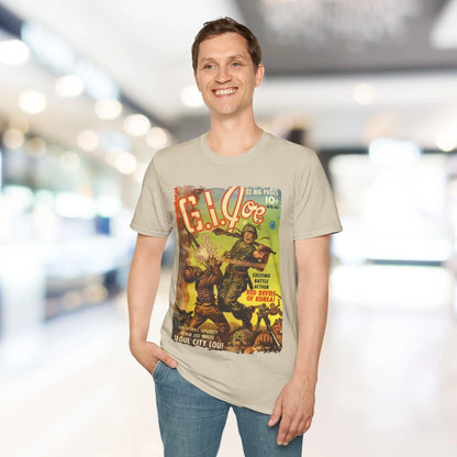 Close-up of the G.I. Joe No.10 unisex softstyle T-shirt’s vibrant navy fabric folded to showcase smooth, relaxed fit and