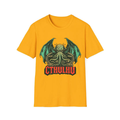 Close-up of Cthulhu graphic detail on the chest, showcasing vibrant print and smooth cotton fabric of the unisex softstyle