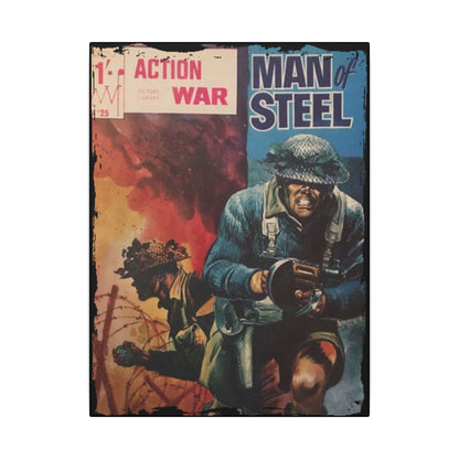 Close-up of the textured canvas material revealing subtle brushstroke details and vibrant color accents from the Action War