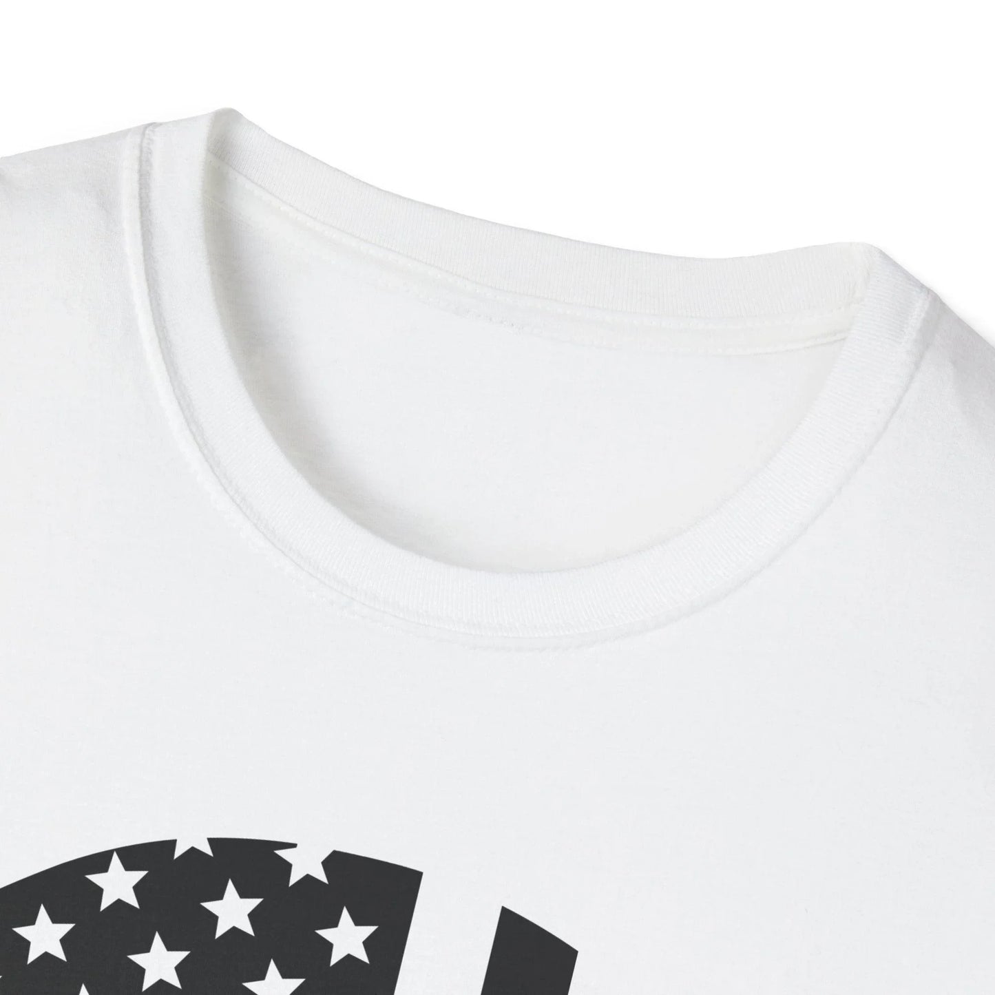 Close-up of the American Skull Flag black and white graphic centered on slim fit softstyle cotton T-shirt’s chest area