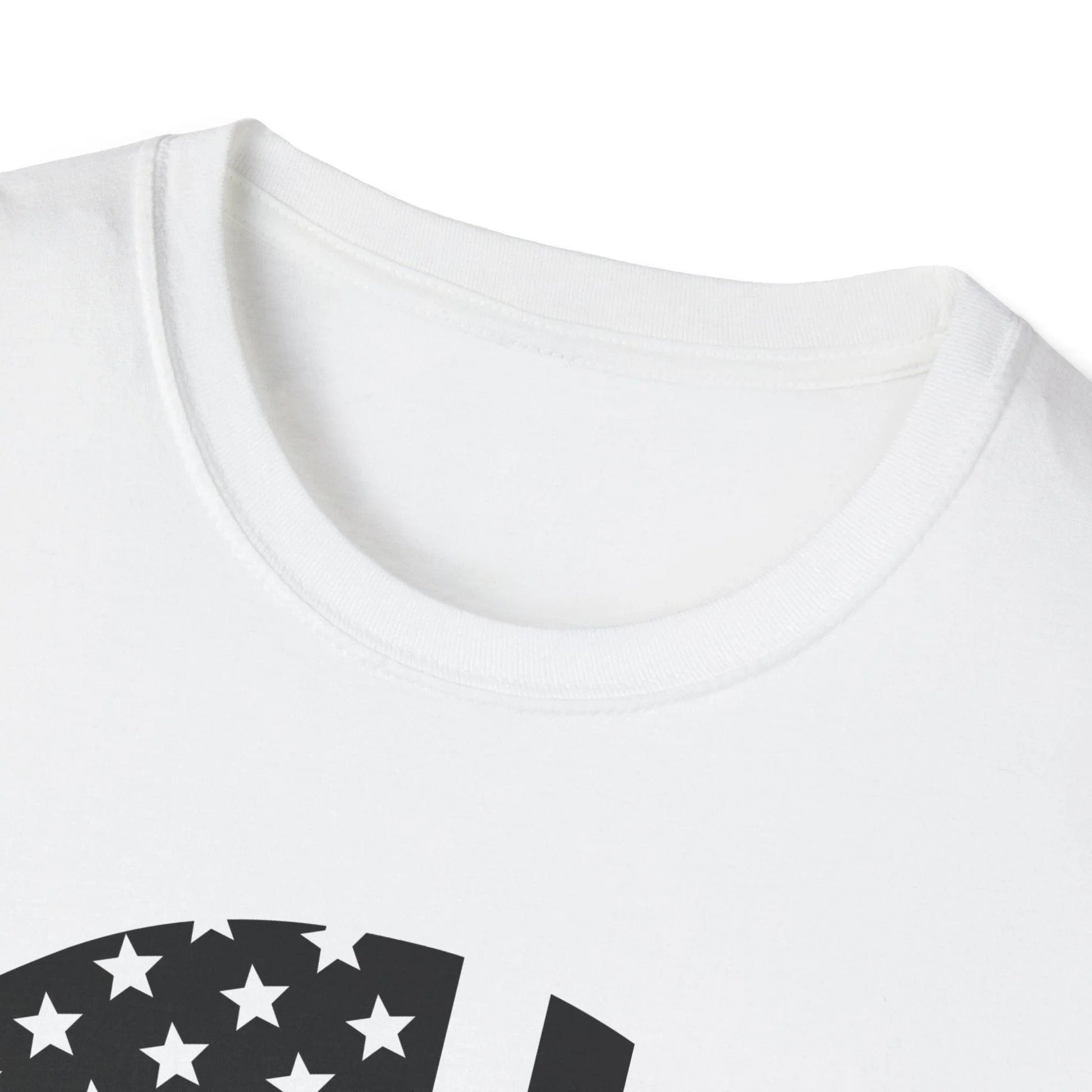 Close-up of the American Skull Flag black and white graphic centered on slim fit softstyle cotton T-shirt’s chest area