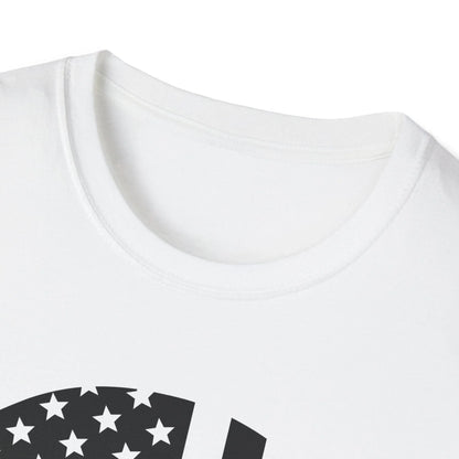 Close-up of the American Skull Flag black and white graphic centered on slim fit softstyle cotton T-shirt’s chest area