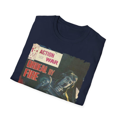 Close-up of the unisex softstyle T-shirt's relaxed fit collar with visible stitching and vibrant navy color from a