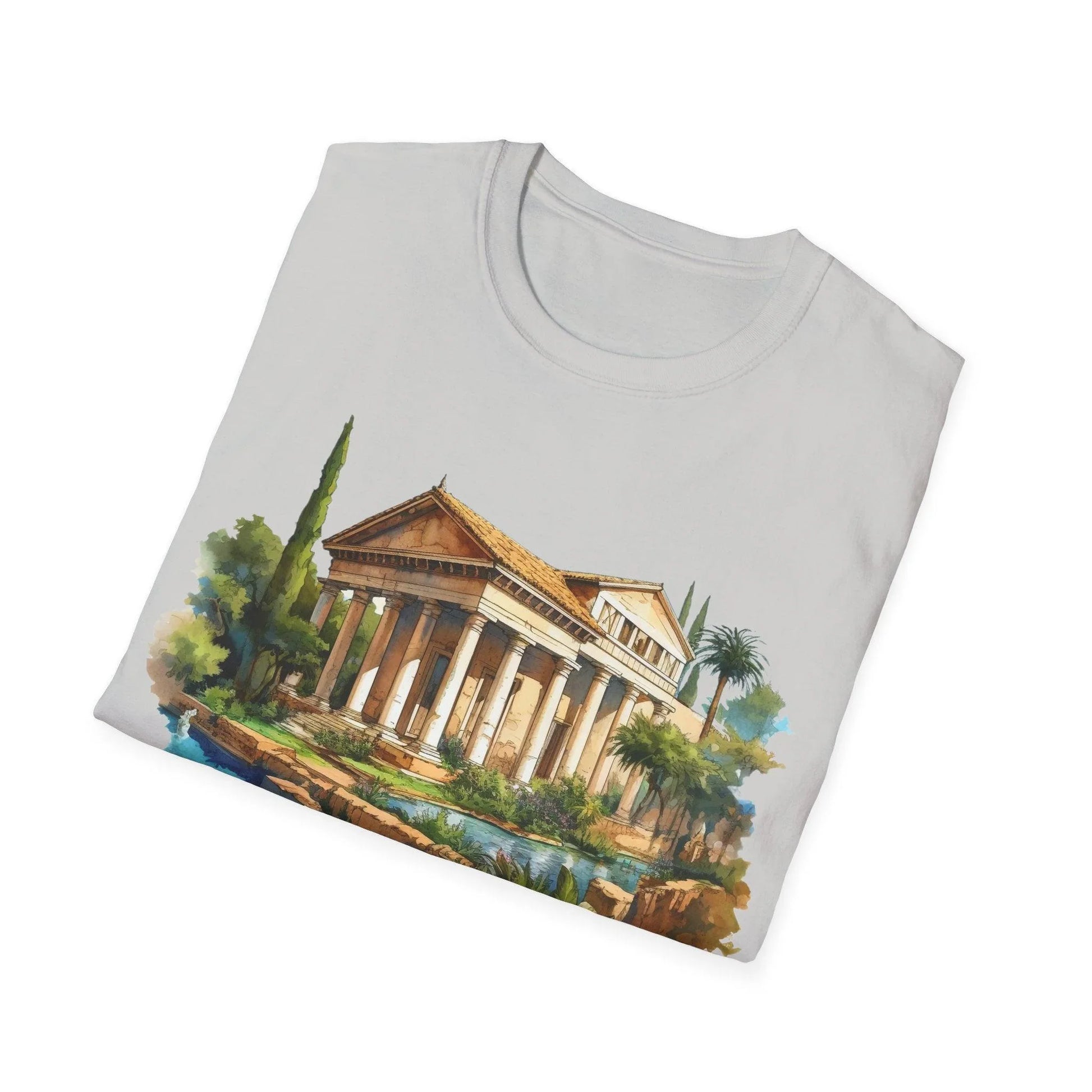 Close-up of the unisex softstyle fabric label stitched onto the relaxed fit navy T-shirt's neckline seam.