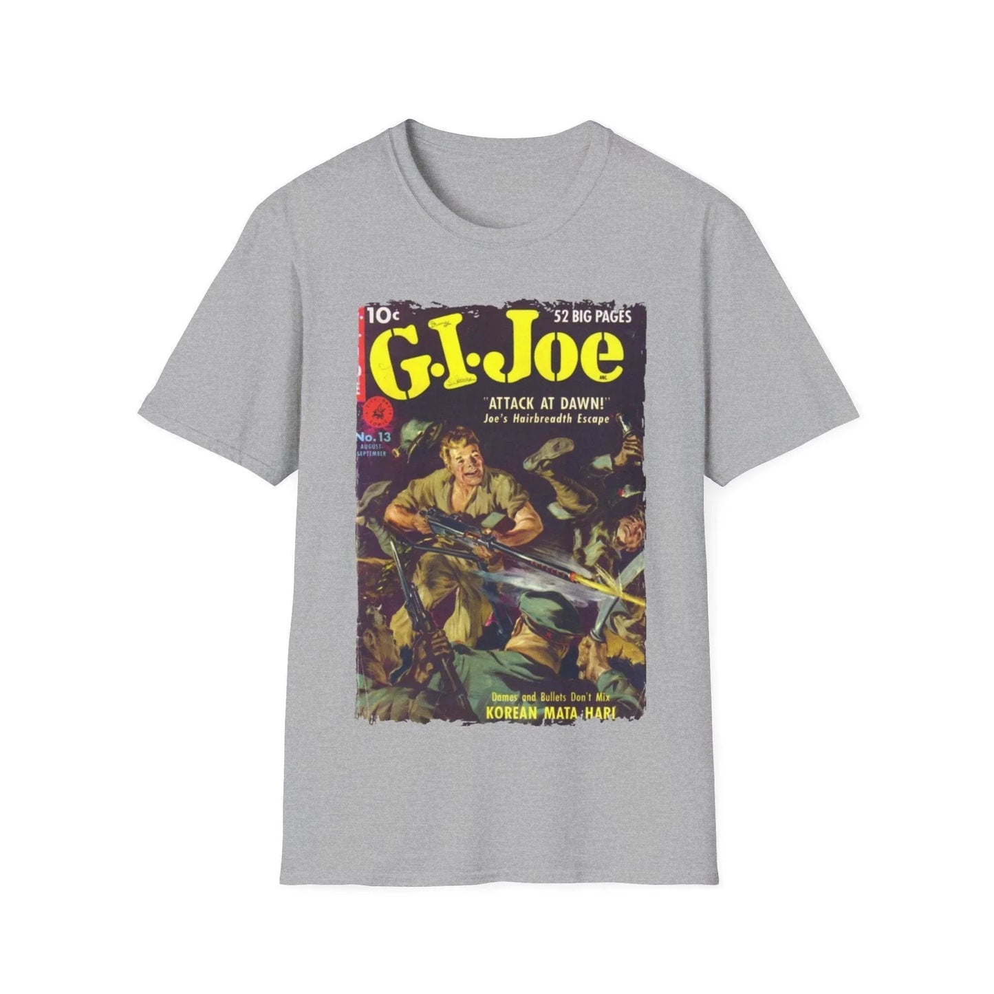 Close-up of the G.I. Joe No.13 unisex softstyle T-shirt’s chest print logo on heather navy fabric with a crew neckline and