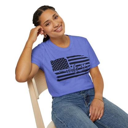 Front partial view highlighting the distressed black-and-white American flag graphic on the unisex softstyle T-shirt's chest
