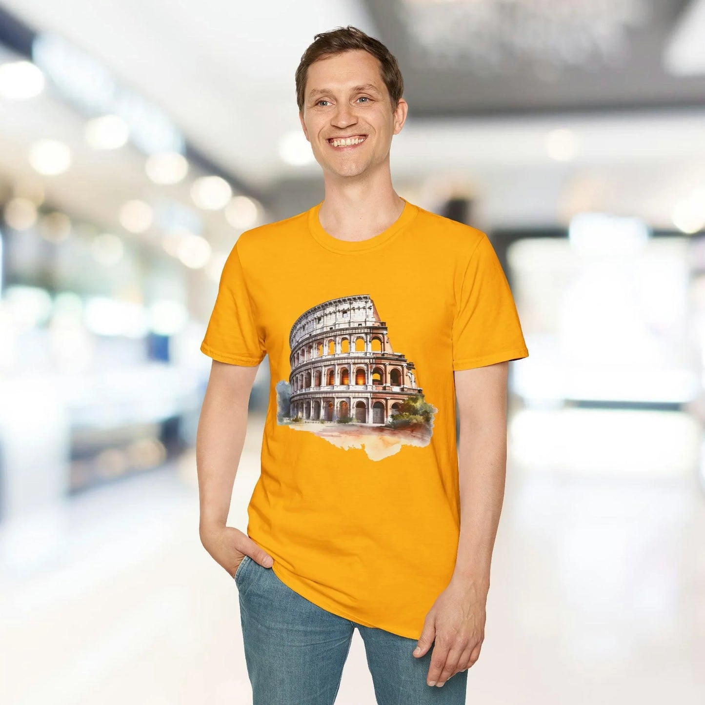 Close-up of the unisex regular fit, heather gray cotton T-shirt collar and ribbed neckline detail from an overhead angle