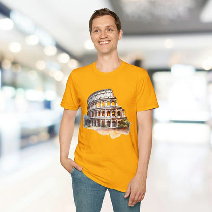 Close-up of the unisex regular fit, heather gray cotton T-shirt collar and ribbed neckline detail from an overhead angle