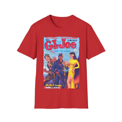 Close-up of the G.I. Joe No.16 unisex softstyle T-shirt's front neckline detail in vibrant navy color, showcasing smooth