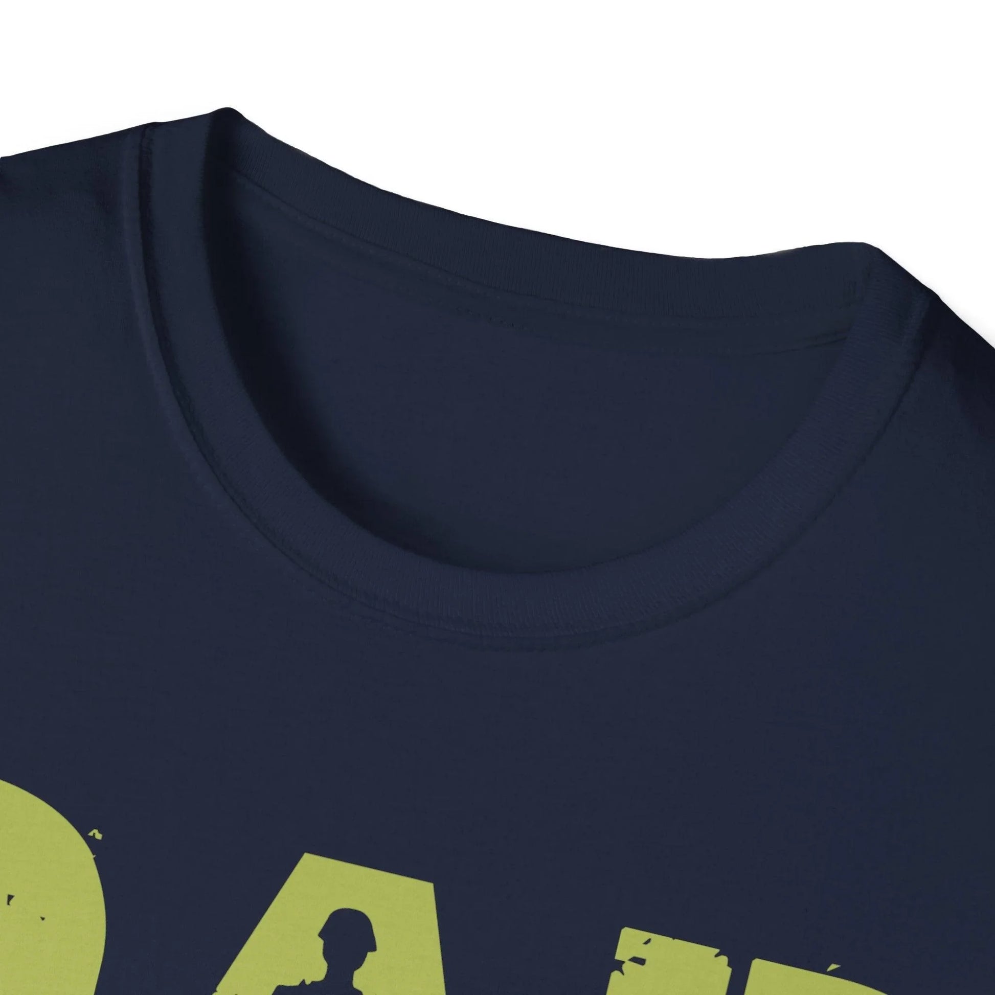 Close-up of the unisex soft blue T-shirt collar displaying the reinforced neckline stitching and fabric detail from a front