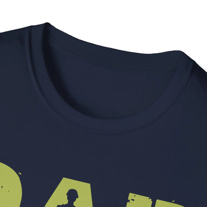 Close-up of the unisex soft blue T-shirt collar displaying the reinforced neckline stitching and fabric detail from a front