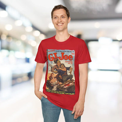 Close-up of the G.I. Joe No.35 T-shirt fabric showing soft cotton blend texture and vibrant red color from a slightly angled