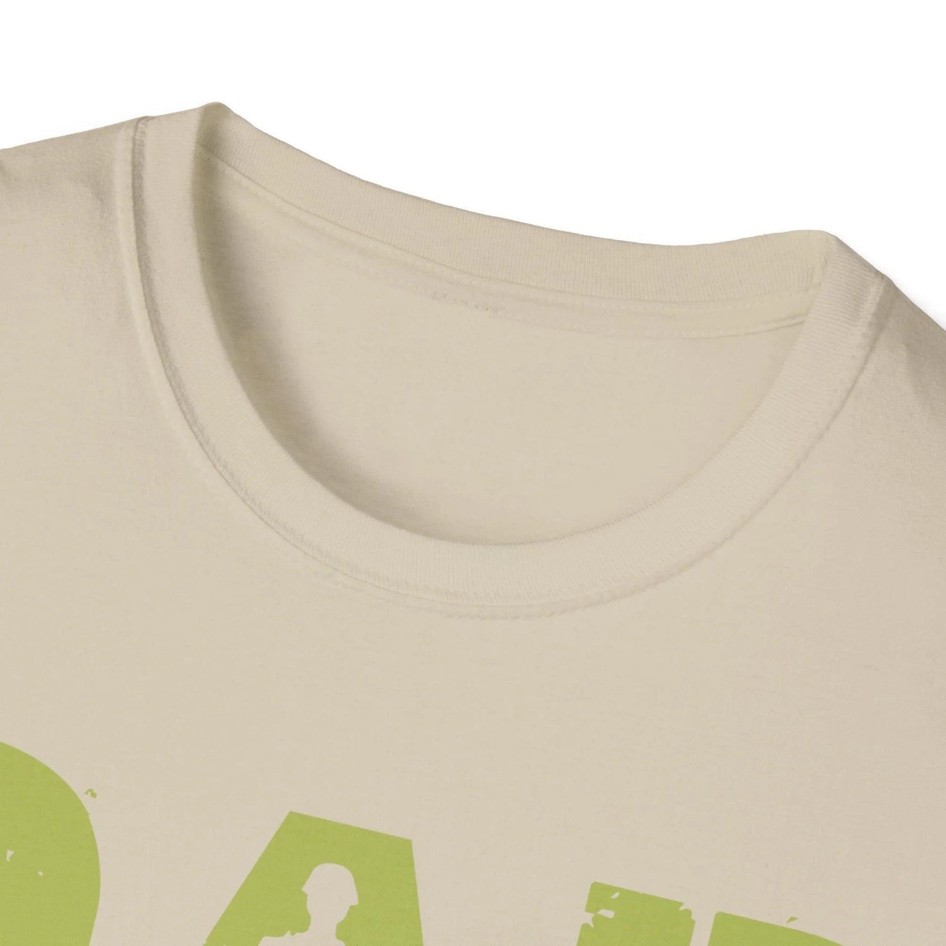 Close-up of the unisex softstyle T-shirt's inside collar showing fabric weave and reinforced stitching in charcoal gray