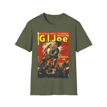 Close-up of the G.I. Joe No.11 Apr T-shirt's softcotton fabric texture and relaxed fit at the neckline from a slightly